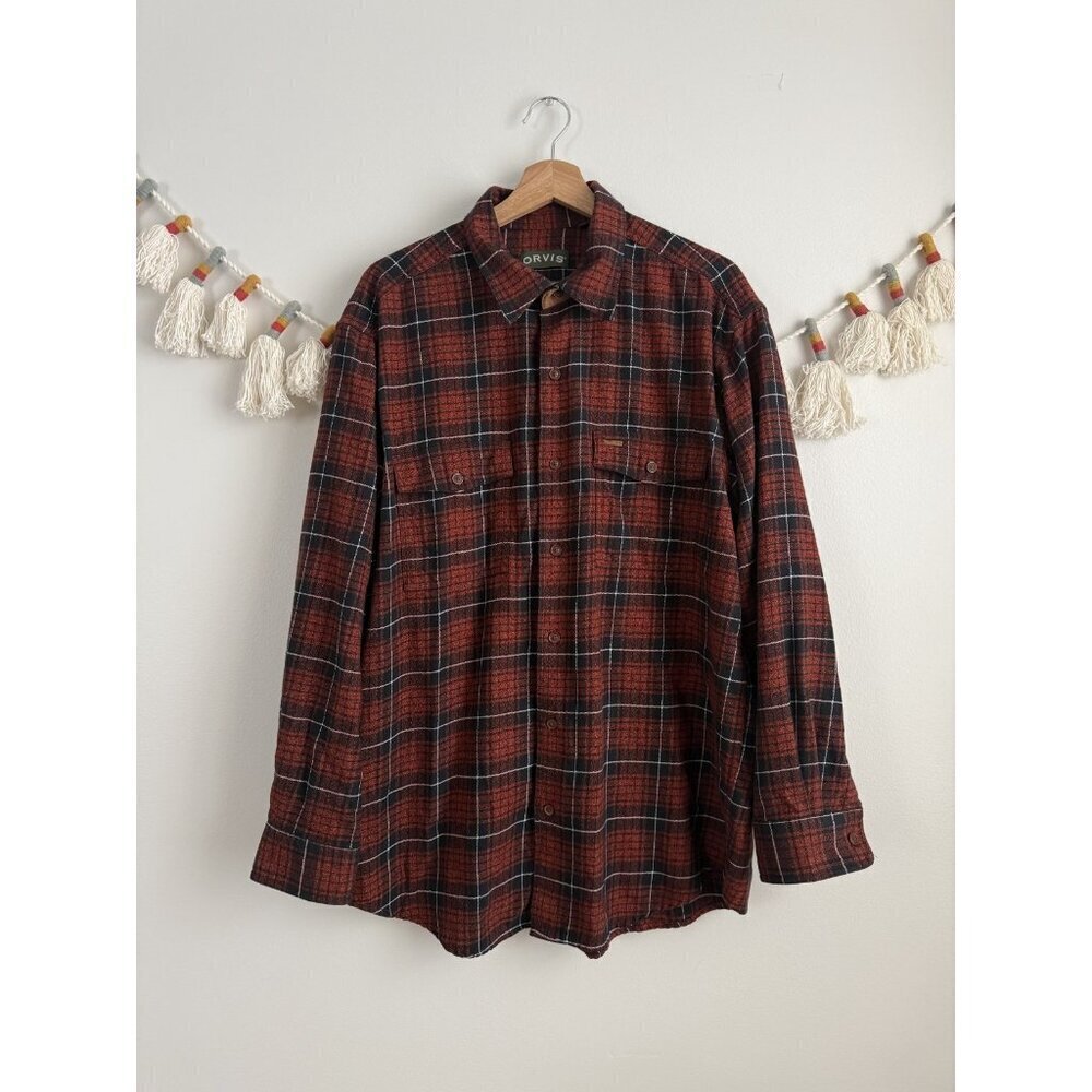 Orvis Mens Heavyweight Flannel Plaid Shirt Button Down Suede Orange Black Preppy